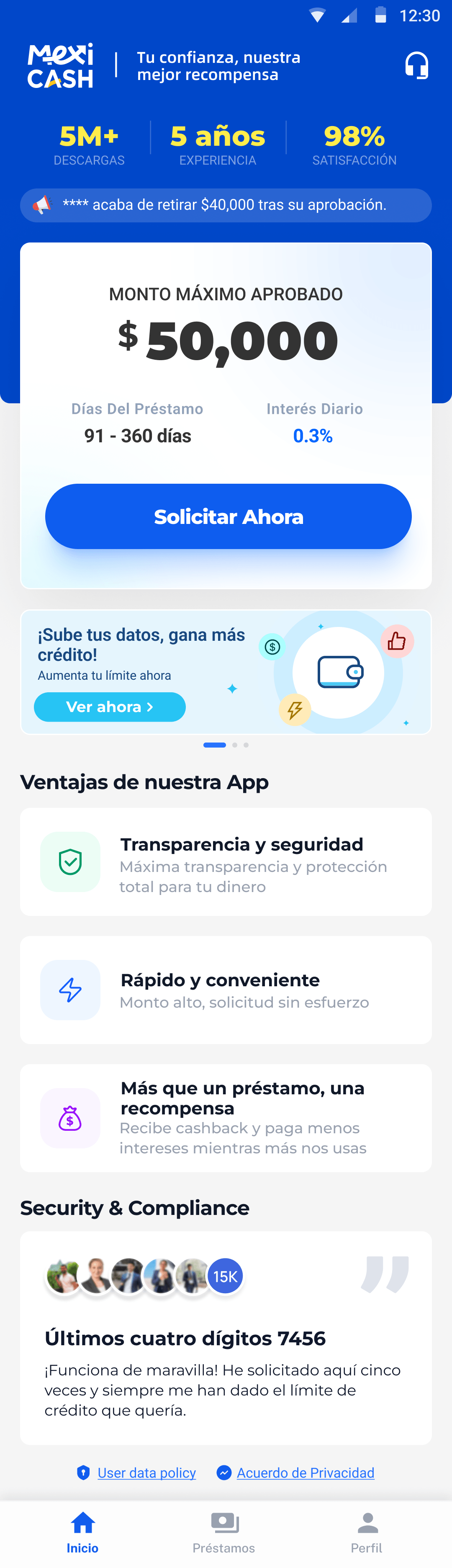 Pantalla principal de la app MexiCash en un teléfono móvil