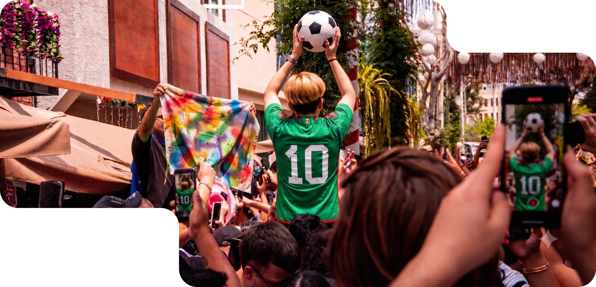 Afición mexicana celebrando el Mundial: un fan con la playera número 10 levanta un balón entre la multitud
